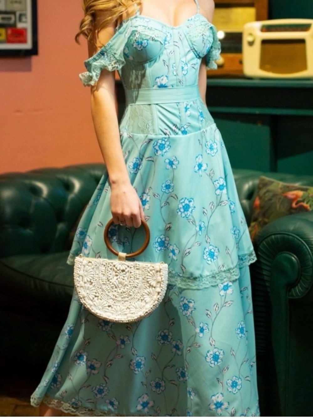 Corset Story Mesh Panel Sleeves Corset Dress Mint Green Floral Pattern size 26